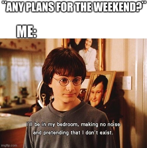 My life be like | ¨ANY PLANS FOR THE WEEKEND?¨; ME: | image tagged in harry potter,weekend,lazytown | made w/ Imgflip meme maker