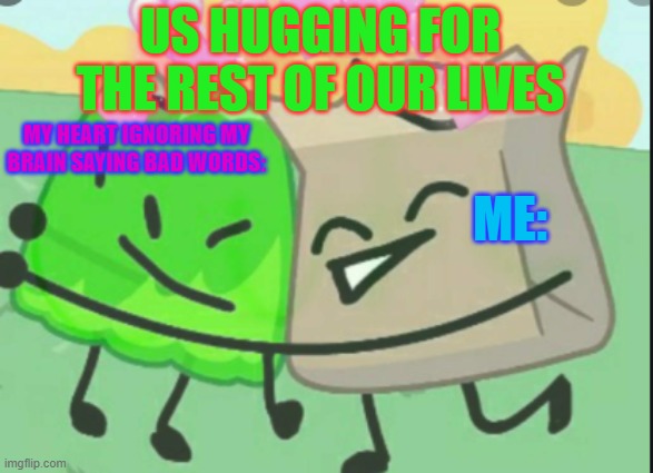 Bruh! | US HUGGING FOR THE REST OF OUR LIVES; MY HEART IGNORING MY BRAIN SAYING BAD WORDS:; ME: | image tagged in bfb | made w/ Imgflip meme maker
