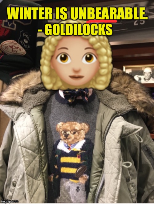 WINTER IS UNBEARABLE. - GOLDILOCKS | image tagged in fashion,ralph lauren,polo bear,goldilocks,brian einersen | made w/ Imgflip meme maker