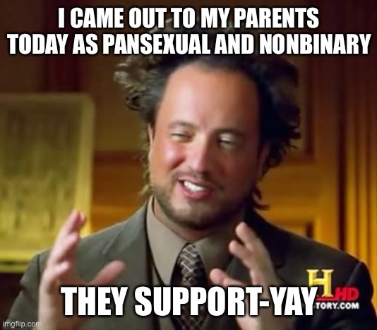 i came out today | I CAME OUT TO MY PARENTS TODAY AS PANSEXUAL AND NONBINARY; THEY SUPPORT-YAY | image tagged in lgbtq,non binary | made w/ Imgflip meme maker