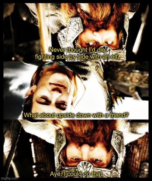 LOTR - Side by Side with a Friend | Never thought I’d die fighting side by side with an elf. What about upside down with a friend? Aye, I could do that. | image tagged in lotr - side by side with a friend,lord of the rings,gimli,legolas,friendship,bros | made w/ Imgflip meme maker