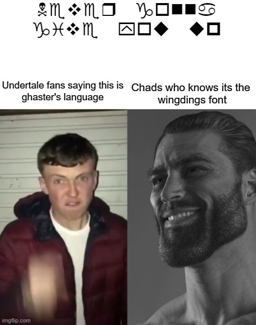 can u read wingdings? | Never gonna give you up; Chads who knows its the 
wingdings font; Undertale fans saying this is
ghaster's language | image tagged in average fan vs average enjoyer | made w/ Imgflip meme maker