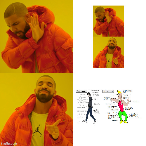 The Virgin Drake Template vs The Chad Virgin vs Chad | image tagged in memes,drake hotline bling,virgin vs chad,virgin and chad,drake | made w/ Imgflip meme maker