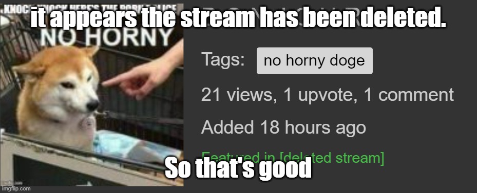 Shall we look for more streams or leave it to the site mods? | it appears the stream has been deleted. So that's good | made w/ Imgflip meme maker