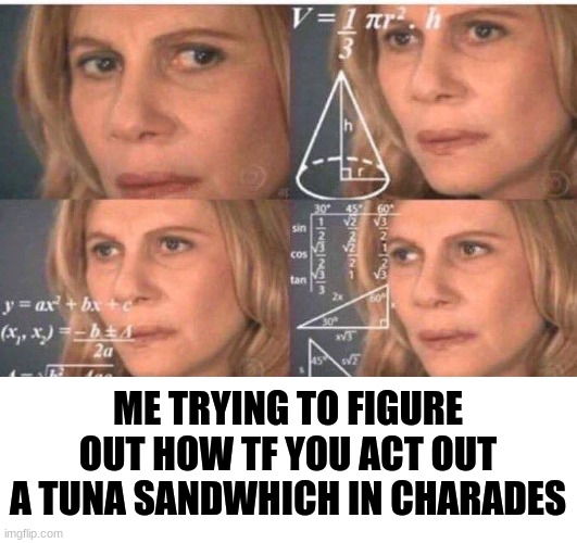 Imagine trying to act that out... | ME TRYING TO FIGURE OUT HOW TF YOU ACT OUT A TUNA SANDWHICH IN CHARADES | image tagged in math lady/confused lady,memes,charades,bruh,confush | made w/ Imgflip meme maker