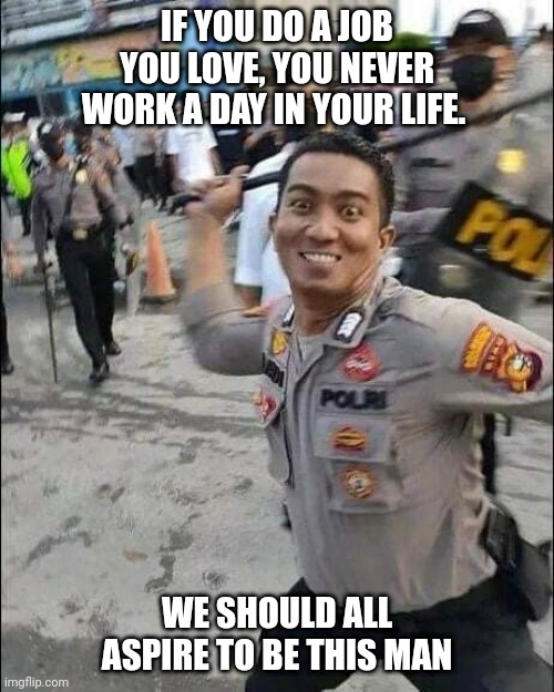 Love your work | IF YOU DO A JOB YOU LOVE, YOU NEVER WORK A DAY IN YOUR LIFE. WE SHOULD ALL ASPIRE TO BE THIS MAN | image tagged in job,love,police brutality,police,brutality,smile | made w/ Imgflip meme maker