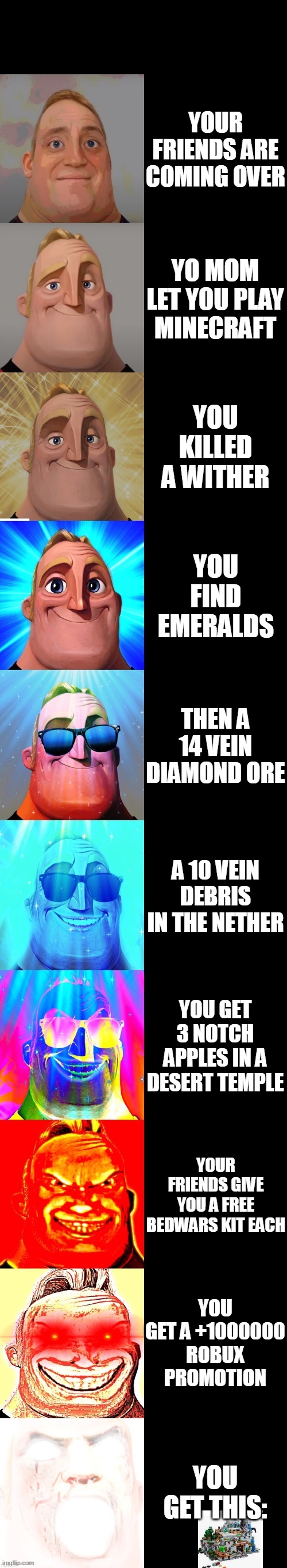 mr incredible becoming canny | YOUR FRIENDS ARE COMING OVER; YO MOM LET YOU PLAY MINECRAFT; YOU KILLED A WITHER; YOU FIND EMERALDS; THEN A 14 VEIN DIAMOND ORE; A 10 VEIN DEBRIS IN THE NETHER; YOU GET 3 NOTCH APPLES IN A DESERT TEMPLE; YOUR FRIENDS GIVE YOU A FREE BEDWARS KIT EACH; YOU GET A +1000000 ROBUX PROMOTION; YOU GET THIS: | image tagged in mr incredible becoming canny | made w/ Imgflip meme maker