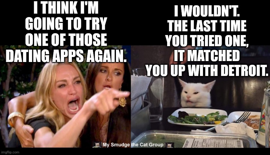 I THINK I'M GOING TO TRY ONE OF THOSE DATING APPS AGAIN. I WOULDN'T. THE LAST TIME YOU TRIED ONE, IT MATCHED YOU UP WITH DETROIT. | image tagged in smudge the cat,smudge,woman yelling at cat | made w/ Imgflip meme maker
