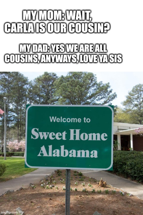 Oh snap | MY MOM: WAIT, CARLA IS OUR COUSIN? MY DAD: YES WE ARE ALL COUSINS, ANYWAYS, LOVE YA SIS | image tagged in welcome to sweet home alabama | made w/ Imgflip meme maker
