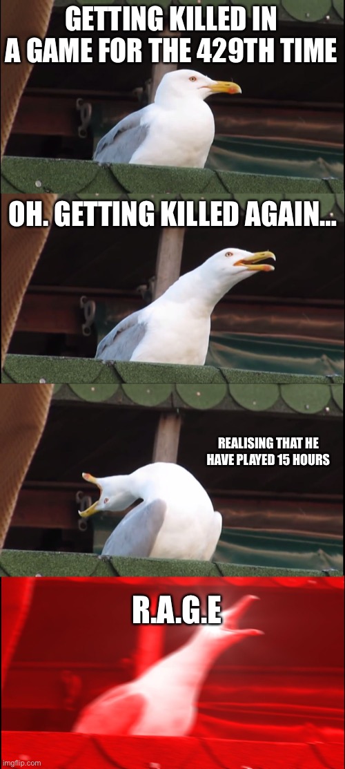 Inhaling Seagull Meme | GETTING KILLED IN A GAME FOR THE 429TH TIME; OH. GETTING KILLED AGAIN…; REALISING THAT HE HAVE PLAYED 15 HOURS; R.A.G.E | image tagged in memes,inhaling seagull | made w/ Imgflip meme maker