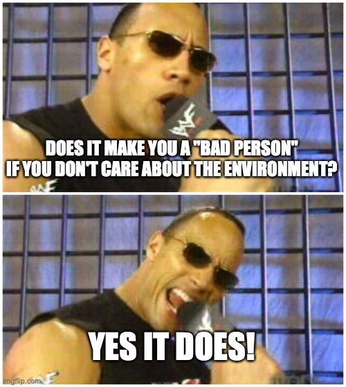 The Rock It Doesn't Matter Meme | DOES IT MAKE YOU A "BAD PERSON" IF YOU DON'T CARE ABOUT THE ENVIRONMENT? YES IT DOES! | image tagged in memes,the rock it doesn't matter | made w/ Imgflip meme maker