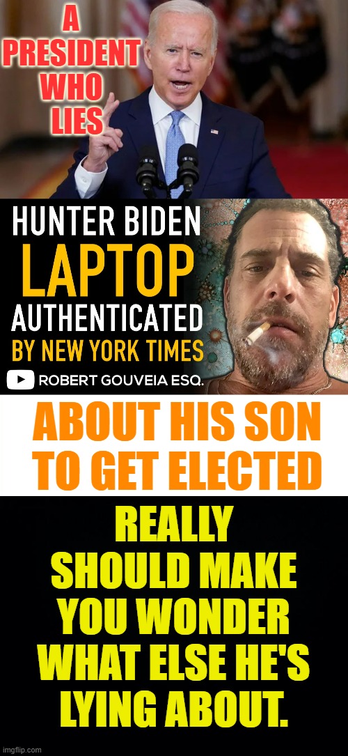 Obviously He Lies To Himself | A PRESIDENT WHO   LIES; ABOUT HIS SON TO GET ELECTED; REALLY SHOULD MAKE YOU WONDER WHAT ELSE HE'S LYING ABOUT. | image tagged in memes,politics,joe biden,hunter,laptop,lies | made w/ Imgflip meme maker