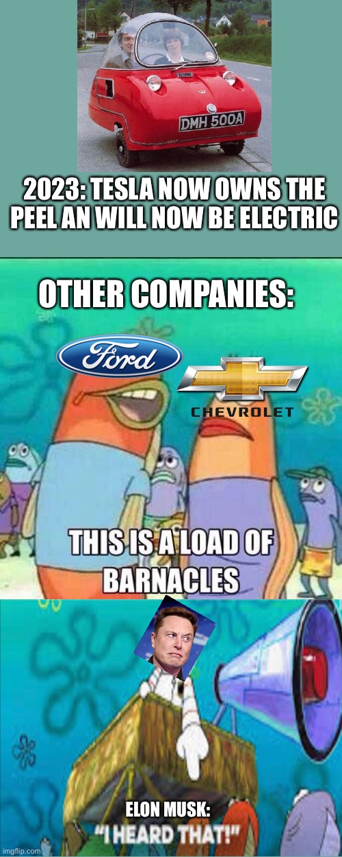 This is a load of Barnacles | 2023: TESLA NOW OWNS THE PEEL AN WILL NOW BE ELECTRIC; OTHER COMPANIES:; ELON MUSK: | image tagged in this is a load of barnacles,tesla,elon musk,i heard that,ford,chevrolet | made w/ Imgflip meme maker