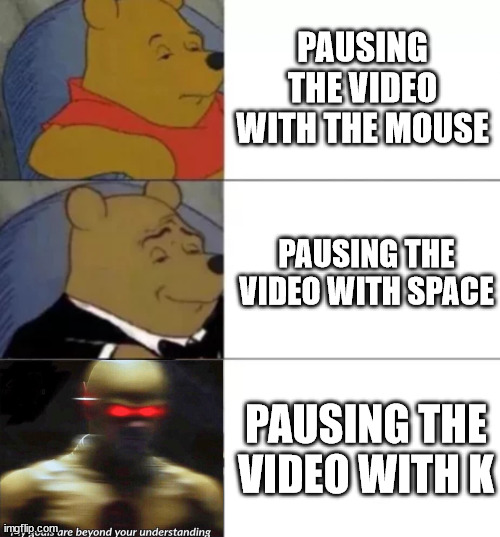 It determines your status | PAUSING THE VIDEO WITH THE MOUSE; PAUSING THE VIDEO WITH SPACE; PAUSING THE VIDEO WITH K | image tagged in fancy pooh | made w/ Imgflip meme maker