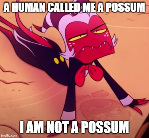 Red Possum | A HUMAN CALLED ME A POSSUM; I AM NOT A POSSUM | image tagged in helluva boss,memes | made w/ Imgflip meme maker