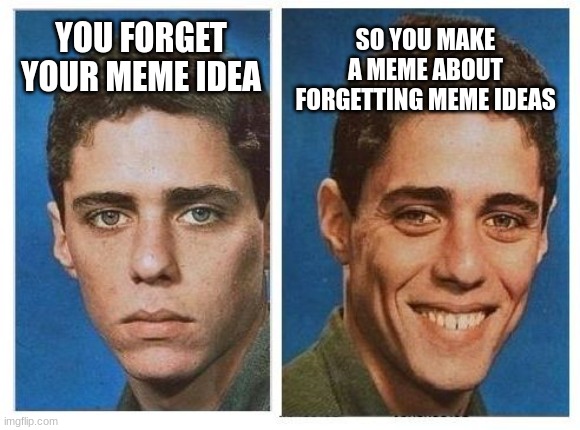 before after - sad happy face | SO YOU MAKE A MEME ABOUT FORGETTING MEME IDEAS; YOU FORGET YOUR MEME IDEA | image tagged in before after - sad happy face | made w/ Imgflip meme maker