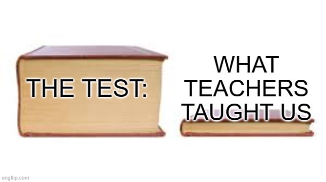 Big book small book | WHAT TEACHERS TAUGHT US; THE TEST: | image tagged in big book small book | made w/ Imgflip meme maker