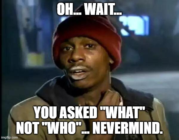 Y'all Got Any More Of That Meme | OH... WAIT... YOU ASKED "WHAT" NOT "WHO"... NEVERMIND. | image tagged in memes,y'all got any more of that | made w/ Imgflip meme maker
