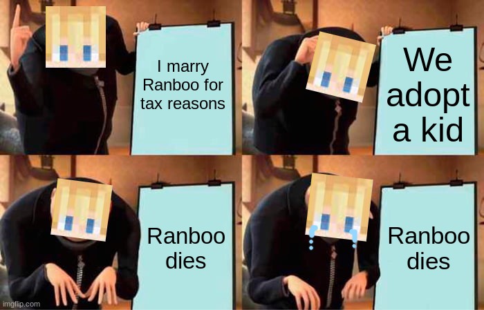 pian | I marry Ranboo for tax reasons; We adopt a kid; Ranboo dies; Ranboo dies | image tagged in memes,gru's plan | made w/ Imgflip meme maker