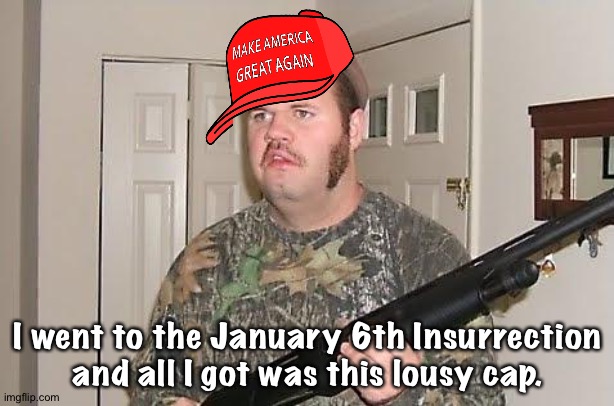 terrorist tourist | I went to the January 6th Insurrection and all I got was this lousy cap. | image tagged in redneck wonder | made w/ Imgflip meme maker