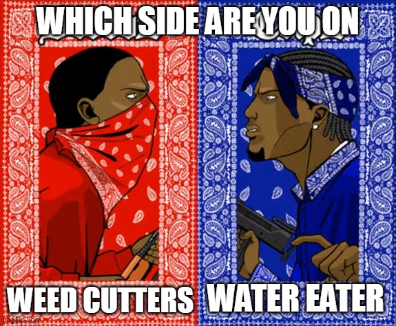 which side are you on | WHICH SIDE ARE YOU ON; WATER EATER; WEED CUTTERS | image tagged in which side are you on | made w/ Imgflip meme maker