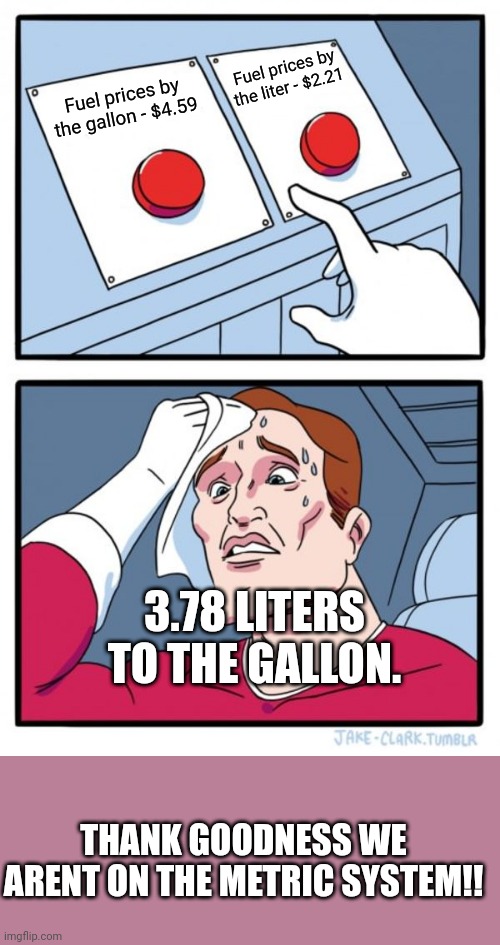 We could be on the metric system. | Fuel prices by the liter - $2.21; Fuel prices by the gallon - $4.59; 3.78 LITERS TO THE GALLON. THANK GOODNESS WE ARENT ON THE METRIC SYSTEM!! | image tagged in memes,two buttons | made w/ Imgflip meme maker