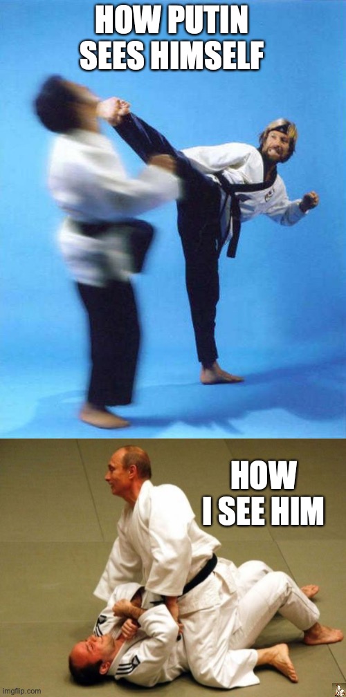 HOW PUTIN SEES HIMSELF; HOW I SEE HIM | image tagged in roundhouse kick chuck norris,putin karate | made w/ Imgflip meme maker