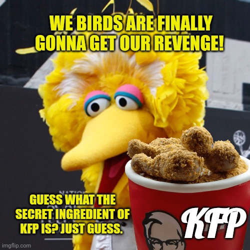 Big Bird's new restaurant | WE BIRDS ARE FINALLY GONNA GET OUR REVENGE! GUESS WHAT THE SECRET INGREDIENT OF KFP IS? JUST GUESS. KFP | image tagged in big bird,restaurant,cannibalism,nom nom nom,fried chicken | made w/ Imgflip meme maker