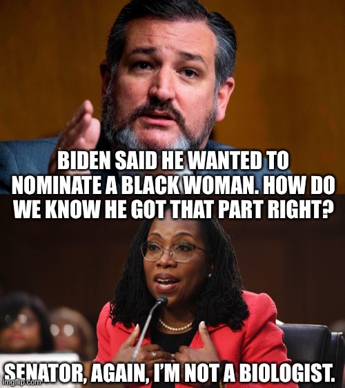 She’s as woke as she is stupid. | BIDEN SAID HE WANTED TO NOMINATE A BLACK WOMAN. HOW DO WE KNOW HE GOT THAT PART RIGHT? SENATOR, AGAIN, I’M NOT A BIOLOGIST. | image tagged in ted cruze serious,ketanji brown jackson | made w/ Imgflip meme maker