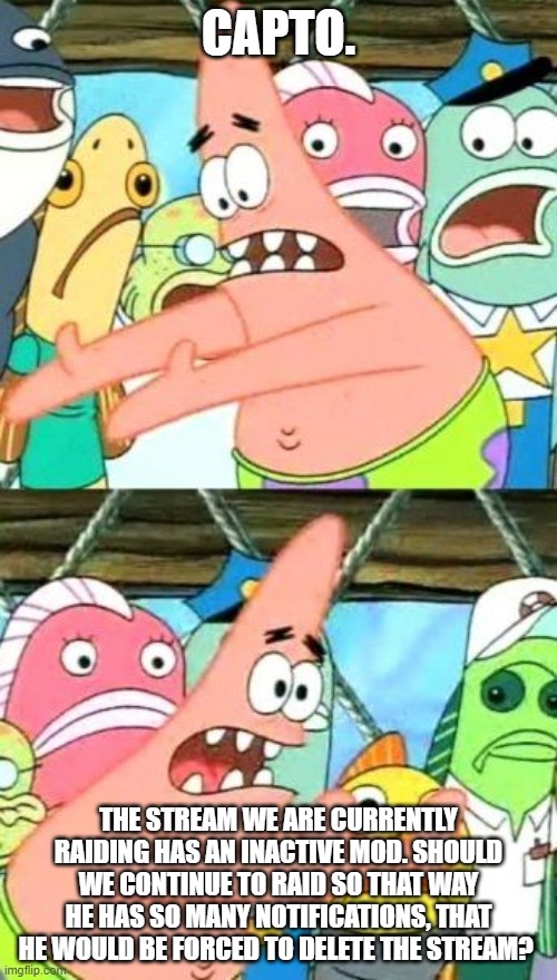 Put It Somewhere Else Patrick | CAPTO. THE STREAM WE ARE CURRENTLY RAIDING HAS AN INACTIVE MOD. SHOULD WE CONTINUE TO RAID SO THAT WAY HE HAS SO MANY NOTIFICATIONS, THAT HE WOULD BE FORCED TO DELETE THE STREAM? | image tagged in memes,put it somewhere else patrick | made w/ Imgflip meme maker
