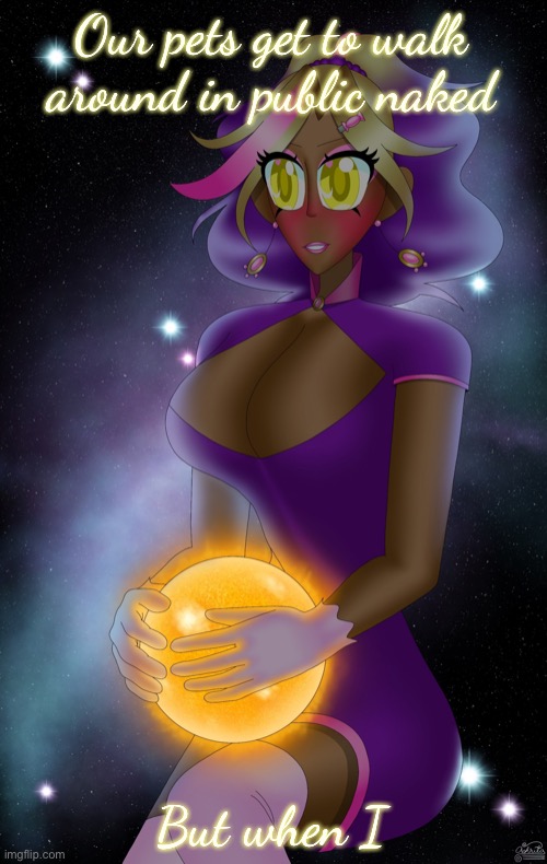 Kashiko holding the Sun | Our pets get to walk around in public naked; But when I | image tagged in kashiko holding the sun | made w/ Imgflip meme maker