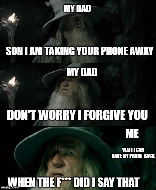 When the F*** | MY DAD; SON I AM TAKING YOUR PHONE AWAY; MY DAD; DON'T WORRY I FORGIVE YOU; ME; WAIT I CAN HAVE MY PHONE  BACK; WHEN THE F*** DID I SAY THAT | image tagged in memes,confused gandalf | made w/ Imgflip meme maker