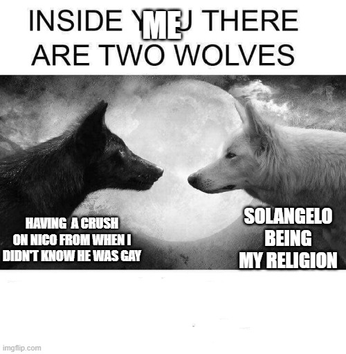 I'm so torn :( | ME; SOLANGELO BEING MY RELIGION; HAVING  A CRUSH ON NICO FROM WHEN I DIDN'T KNOW HE WAS GAY | image tagged in inside you there are two wolves,what can i say except aaaaaaaaaaa,please help me | made w/ Imgflip meme maker