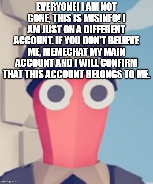 TABS Stare | EVERYONE! I AM NOT GONE, THIS IS MISINFO! I AM JUST ON A DIFFERENT ACCOUNT. IF YOU DON'T BELIEVE ME, MEMECHAT MY MAIN ACCOUNT AND I WILL CONFIRM THAT THIS ACCOUNT BELONGS TO ME. | image tagged in tabs stare | made w/ Imgflip meme maker