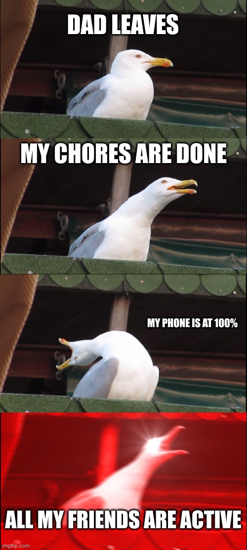 Inhaling Seagull | DAD LEAVES; MY CHORES ARE DONE; MY PHONE IS AT 100%; ALL MY FRIENDS ARE ACTIVE | image tagged in memes,inhaling seagull | made w/ Imgflip meme maker