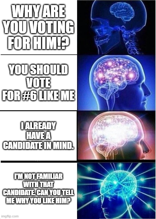 VOTING SCENARIO | WHY ARE YOU VOTING FOR HIM!? YOU SHOULD VOTE FOR #6 LIKE ME; I ALREADY HAVE A CANDIDATE IN MIND. I'M NOT FAMILIAR WITH THAT CANDIDATE. CAN YOU TELL ME WHY YOU LIKE HIM? | image tagged in memes,expanding brain | made w/ Imgflip meme maker