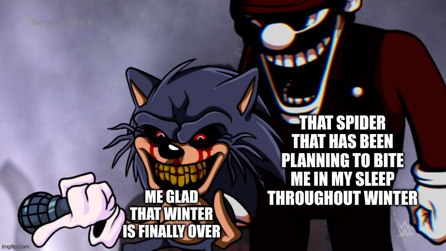 I hate it when this happens | THAT SPIDER THAT HAS BEEN PLANNING TO BITE ME IN MY SLEEP THROUGHOUT WINTER; ME GLAD THAT WINTER IS FINALLY OVER | image tagged in sonic exe,lord x,mx,mario 85 | made w/ Imgflip meme maker