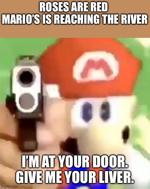 Mario with gun | ROSES ARE RED 
MARIO’S IS REACHING THE RIVER; I’M AT YOUR DOOR. GIVE ME YOUR LIVER. | image tagged in mario with gun,liver | made w/ Imgflip meme maker