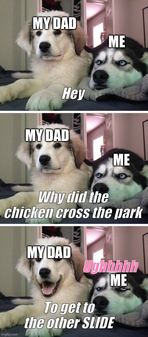 DAD WHY | MY DAD; ME; Hey; ME; MY DAD; Why did the chicken cross the park; MY DAD; ME; Ughhhhh; To get to the other SLIDE | image tagged in bad pun dogs,laughing dog,why,no,dogs,dad jokes | made w/ Imgflip meme maker