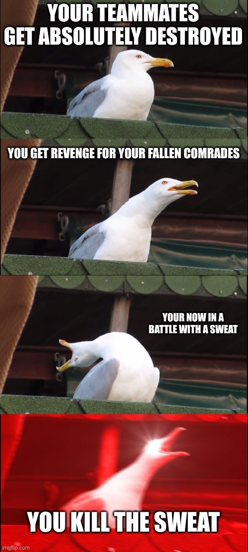 Playing Battle royal Games be like: | YOUR TEAMMATES GET ABSOLUTELY DESTROYED; YOU GET REVENGE FOR YOUR FALLEN COMRADES; YOUR NOW IN A BATTLE WITH A SWEAT; YOU KILL THE SWEAT | image tagged in memes,inhaling seagull | made w/ Imgflip meme maker