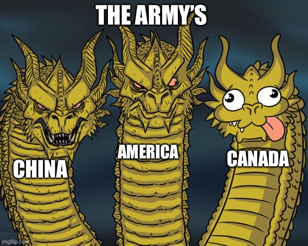 The army’s | THE ARMY’S; AMERICA; CANADA; CHINA | image tagged in three-headed dragon | made w/ Imgflip meme maker