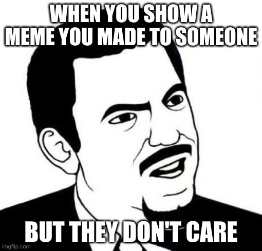 Seriously Face | WHEN YOU SHOW A MEME YOU MADE TO SOMEONE; BUT THEY DON'T CARE | image tagged in memes,seriously face | made w/ Imgflip meme maker