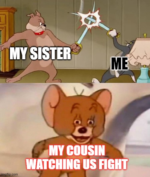 We argue a lot | MY SISTER; ME; MY COUSIN WATCHING US FIGHT | image tagged in tom and jerry swordfight | made w/ Imgflip meme maker