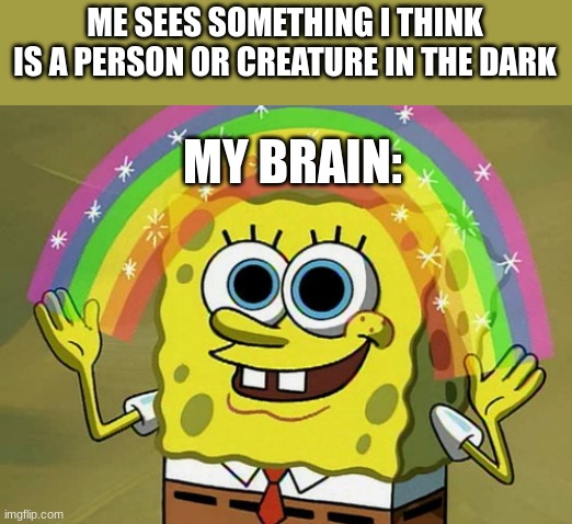 I believe someone or something is there | ME SEES SOMETHING I THINK IS A PERSON OR CREATURE IN THE DARK; MY BRAIN: | image tagged in memes,imagination spongebob,darkness | made w/ Imgflip meme maker