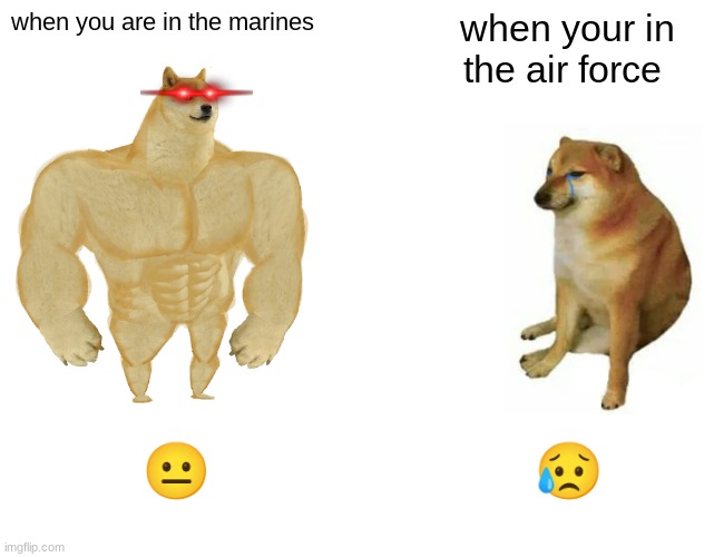 Buff Doge vs. Cheems Meme | when you are in the marines; when your in the air force; 😐; 😥 | image tagged in memes,buff doge vs cheems | made w/ Imgflip meme maker