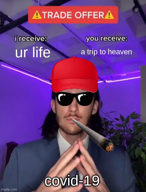 covid-19.meme | ur life; a trip to heaven; covid-19 | image tagged in trade offer | made w/ Imgflip meme maker