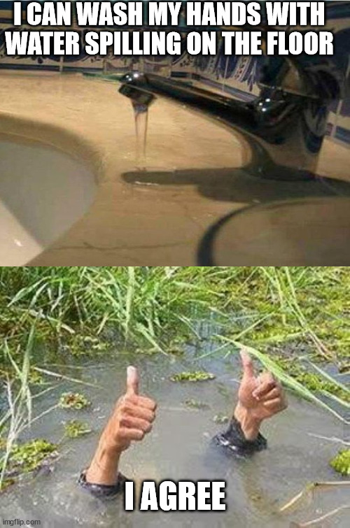 I CAN WASH MY HANDS WITH WATER SPILLING ON THE FLOOR; I AGREE | image tagged in flooding thumbs up | made w/ Imgflip meme maker