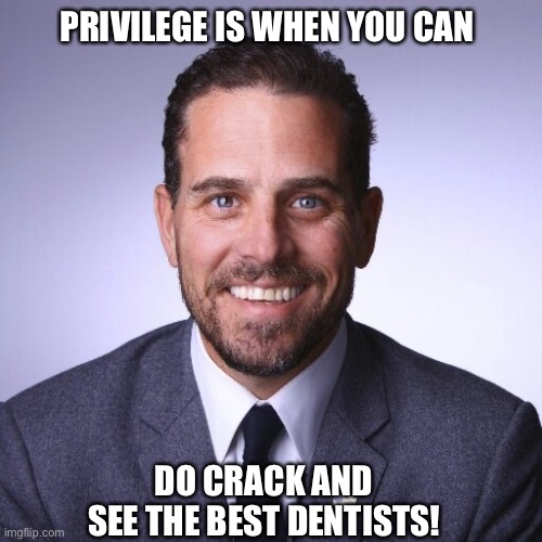 Biden privilege | PRIVILEGE IS WHEN YOU CAN; DO CRACK AND SEE THE BEST DENTISTS! | image tagged in hunter biden,crack,crack pipe | made w/ Imgflip meme maker