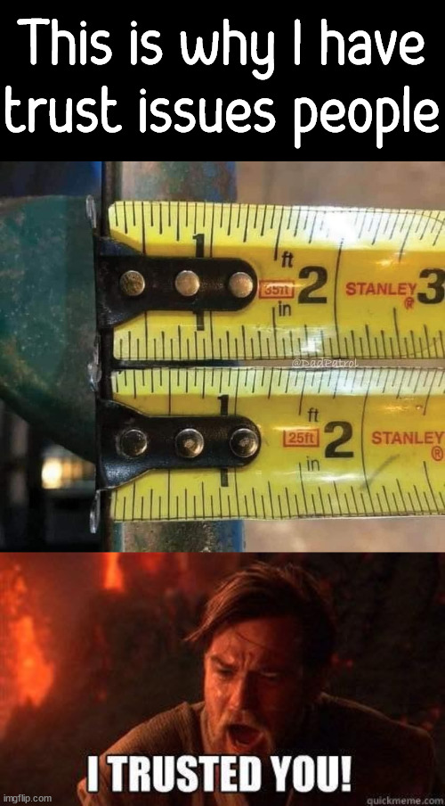 When you can't even trust a tape measurer |  This is why I have trust issues people | image tagged in i trusted you,trust nobody not even yourself | made w/ Imgflip meme maker