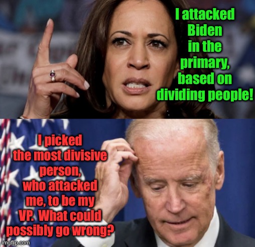 Biden blunder #109 | I attacked Biden in the primary, based on dividing people! I picked the most divisive person, who attacked me, to be my VP.  What could possibly go wrong? | image tagged in kamala harris and joe biden,divisiveness | made w/ Imgflip meme maker